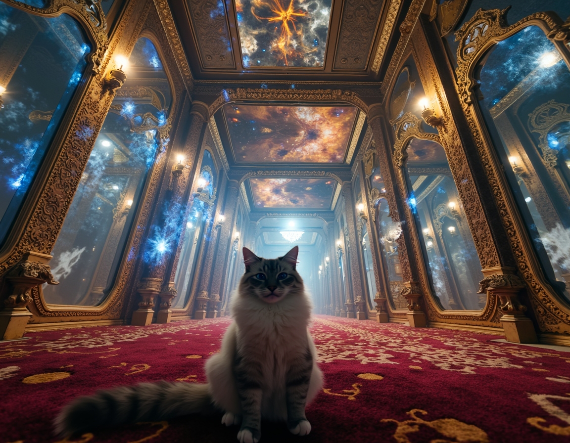 Cat navigates a maze where every surface is a magic-infused mirror, reflecting surreal visions and shifting illusions. Soft, colorful light accentuates each step, turning the labyrinth into a glittering puzzle filled with wonder and mystery.